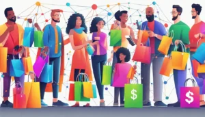 Pessoas diversas segurando sacolas de compras coloridas com cifrão, cercadas por um cadeado digital e rede de linhas.