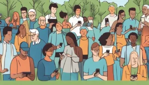 Pessoas diversas usando smartphones em um parque, com gráficos de crescimento nas telas e céu azul ao fundo.