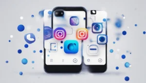 Interface do Instagram em um smartphone com gráfico de crescimento ao lado de um vídeo em destaque.