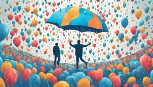 Mão grande segurando guarda-chuva azul enquanto seguidores coloridos flutuam para longe.