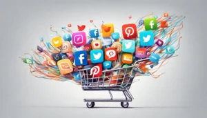 Ícones de aplicativos de mídia social entrando em um carrinho de compras transparente.