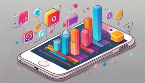 Smartphone com interface do Instagram mostrando um post com gráfico colorido e ícones de curtidas e comentários.