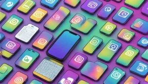 Smartphone mostrando uma página do Instagram com ícones de seguidores coloridos saindo da tela.