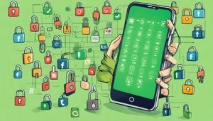 Tela de smartphone mostrando aplicativo de mídia social com contagem de seguidores aumentando rapidamente, cercada por cadeados e marcas de seleção verdes.