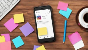 Smartphone com interface do Instagram e caixa de perguntas, cercado por post-its coloridos e uma xícara de café em uma mesa de madeira.