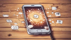 Smartphone exibindo aplicativo de mídia social com botões de curtidas aumentando, colocado em mesa de madeira.