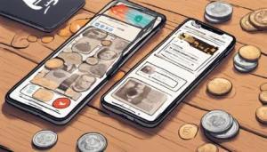 Tela de smartphone em uma mesa de madeira mostrando seguidores de mídia social com etiquetas de preço de 1 real.