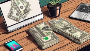 Smartphone com tela do TikTok em mesa de madeira, cercado por notas de dólar, planta em vaso pequeno e laptop.