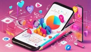 Tela de smartphone com interface de histórias coloridas, gráficos, setas ascendentes, ícones 3D de corações e notificações.