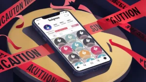 Perfil de Instagram em smartphone com seguidores falsos semitransparentes e fita de aviso vermelha.