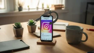 Smartphone em mesa de madeira com aplicativo Instagram mostrando seta para baixo, cercado por plantas e caneca de café.