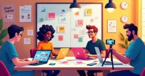 Grupo diverso criando conteúdo social em uma mesa com laptops, smartphones e anotações coloridas.