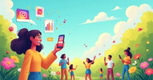 Ilustração vibrante de pessoas usando redes sociais, simbolizando crescimento e sucesso online.