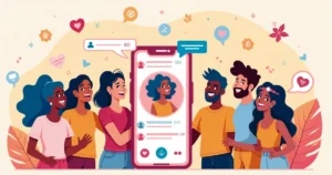 Ilustração colorida de uma estratégia de mídia social com um smartphone, influenciadores e interações.