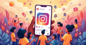 Grupo diversificado usando um smartphone mostrando ícones do Instagram em fundo colorido.