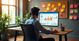 Profissional em escritório moderno analisando dados de mídias sociais e dicas para fornecedores de seguidores.