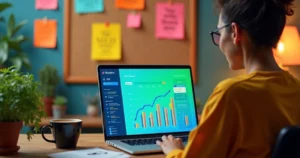 Pessoa analisando estatísticas de redes sociais em um laptop colorido com plantas e anotações ao fundo.