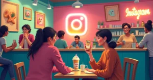 Jovens em um café vibrante com decoração do Instagram, tirando fotos e se divertindo.