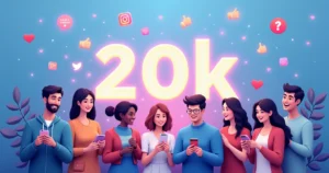 Grupo diverso de pessoas usando smartphones em um fundo vibrante para simbolizar o crescimento nas redes sociais.