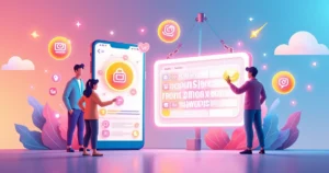 Ilustração colorida de estratégias para aumentar seguidores no Instagram, com smartphone e ícones de engajamento.