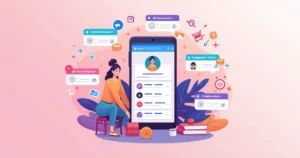 Ilustração de estratégias de crescimento no Instagram em 2024 com smartphone e infográficos coloridos.