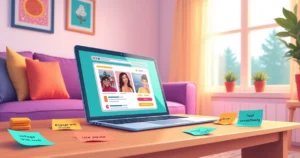 Ilustração de uma sala aconchegante com um laptop aberto na página do TikTok e dicas estratégicas ao redor.