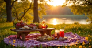 Cena de um piquenique ao ar livre, mesa rústica com frutas e sanduíches à luz do pôr do sol.