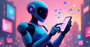 Ilustração de um robô futurista segurando um smartphone com uma tela do Instagram em um cenário digital colorido.