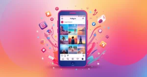 Ilustração colorida de um smartphone exibindo a tela do Instagram com ícones de engajamento e fundo vibrante.