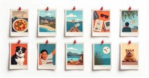 Colagem colorida com dez ideias de postagens no Instagram, cada uma em um cartão vibrante.