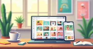 Ilustração de um espaço de trabalho organizado para planejamento de conteúdo no Instagram.