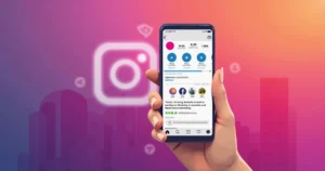 Tela de smartphone mostrando o aplicativo do Instagram aberto em perfil com seguidores e ícones de engajamento