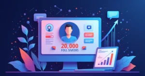 Representação de perfil com 20k seguidores em rede social com gráfico de engajamento e interação